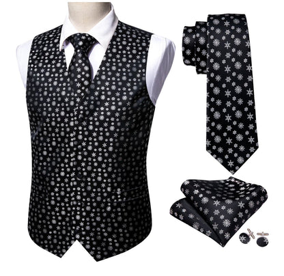 Christmas Men's Black White Snowflake Silk Tie Hanky Cufflinks Waistcoat Vest Set - MJ - 2558 - SimonVon Shop