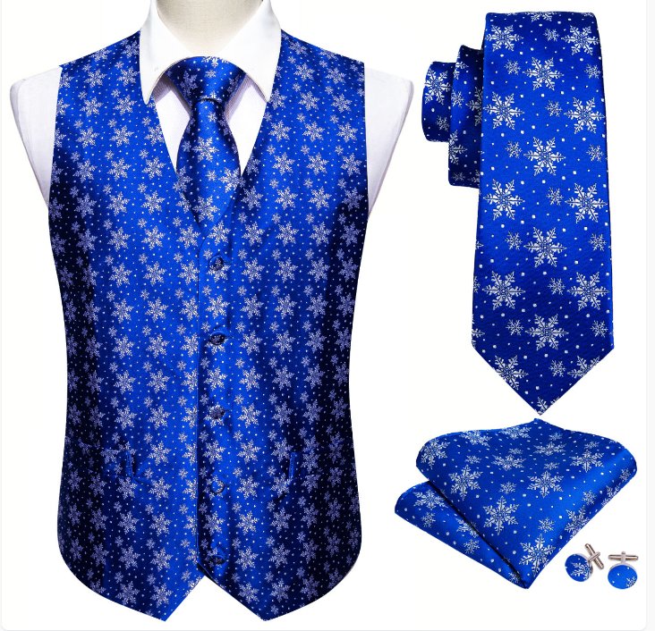 Christmas Men's Blue White Snowflake Silk Tie Hanky Cufflinks Waistcoat Vest Set - MJ - 2567 - SimonVon Shop