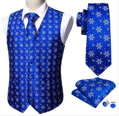 Christmas Men's Blue White Snowflake Silk Tie Hanky Cufflinks Waistcoat Vest Set - MJ - 2567 - SimonVon Shop