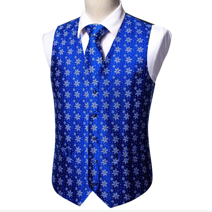 Christmas Men's Blue White Snowflake Silk Tie Hanky Cufflinks Waistcoat Vest Set - MJ - 2567 - SimonVon Shop