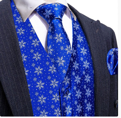 Christmas Men's Blue White Snowflake Silk Tie Hanky Cufflinks Waistcoat Vest Set - MJ - 2567 - SimonVon Shop