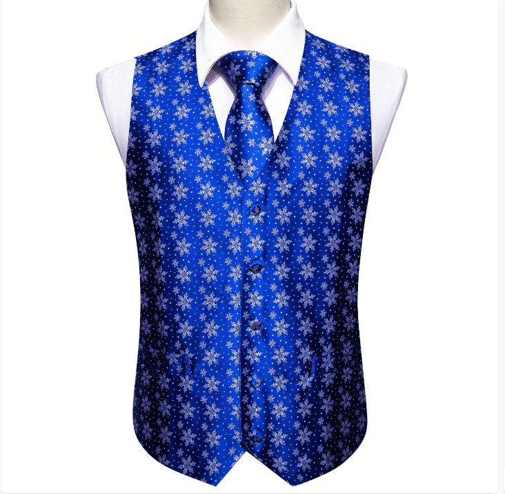 Christmas Men's Blue White Snowflake Silk Tie Hanky Cufflinks Waistcoat Vest Set - MJ - 2567 - SimonVon Shop