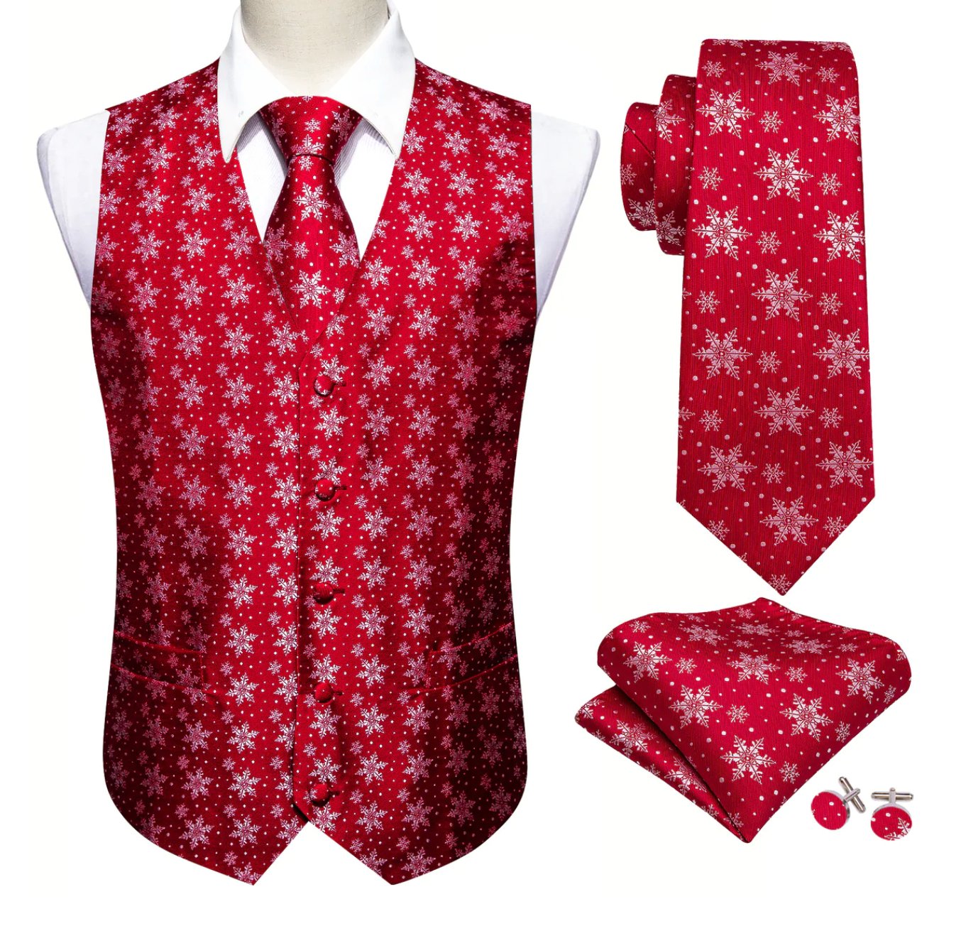 Christmas Men's Red White Snowflake Silk Tie Hanky Cufflinks Waistcoat Vest Set - MJ - 2576 - SimonVon Shop