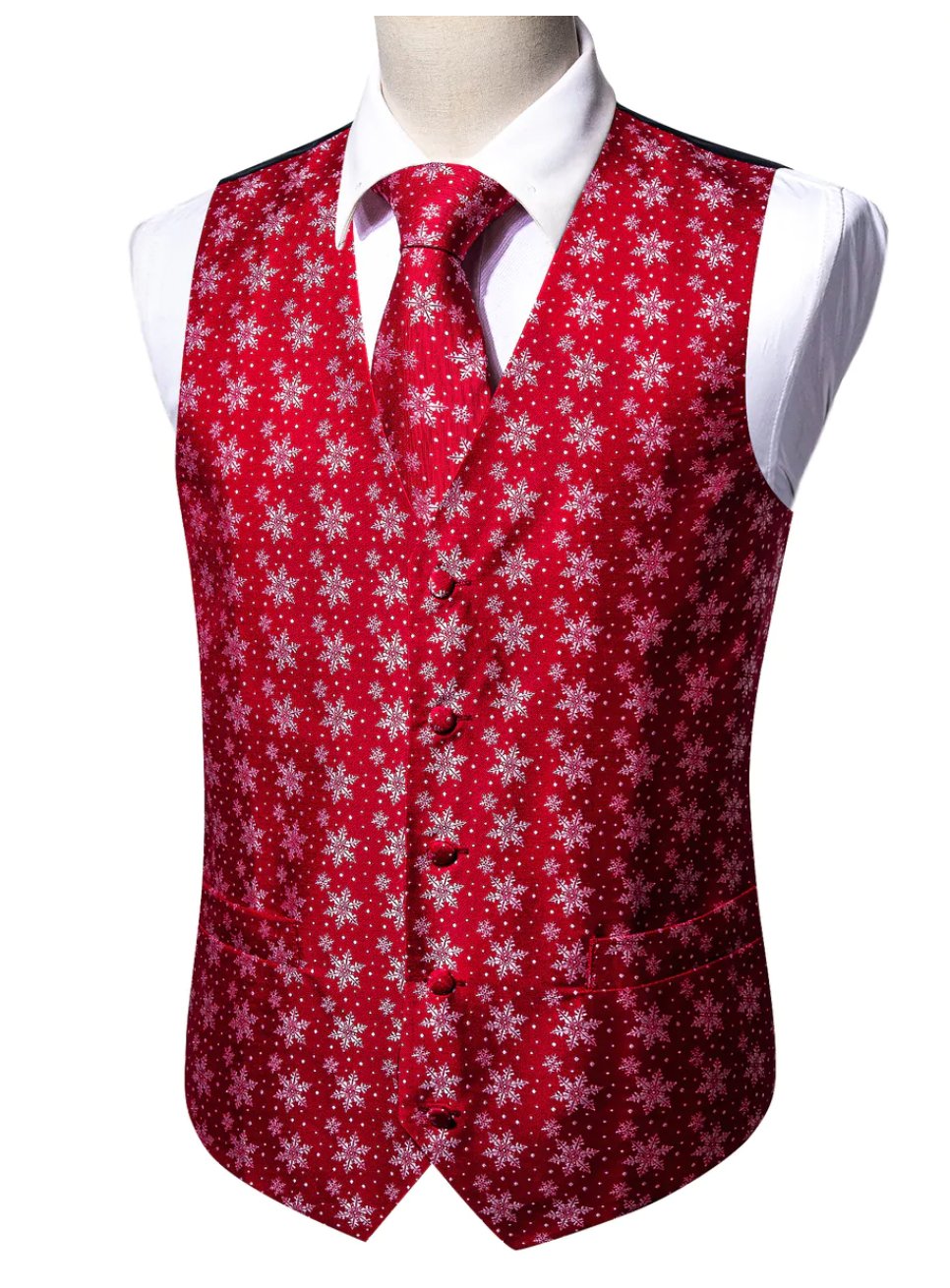 Christmas Men's Red White Snowflake Silk Tie Hanky Cufflinks Waistcoat Vest Set - MJ - 2576 - SimonVon Shop