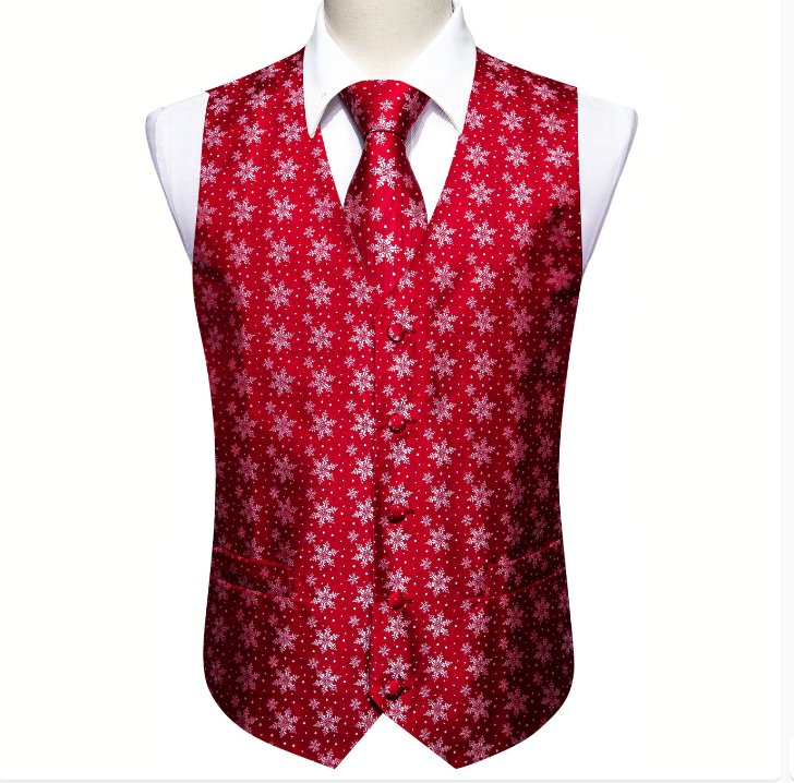 Christmas Men's Red White Snowflake Silk Tie Hanky Cufflinks Waistcoat Vest Set - MJ - 2576 - SimonVon Shop