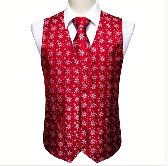 Christmas Men's Red White Snowflake Silk Tie Hanky Cufflinks Waistcoat Vest Set - MJ - 2576 - SimonVon Shop