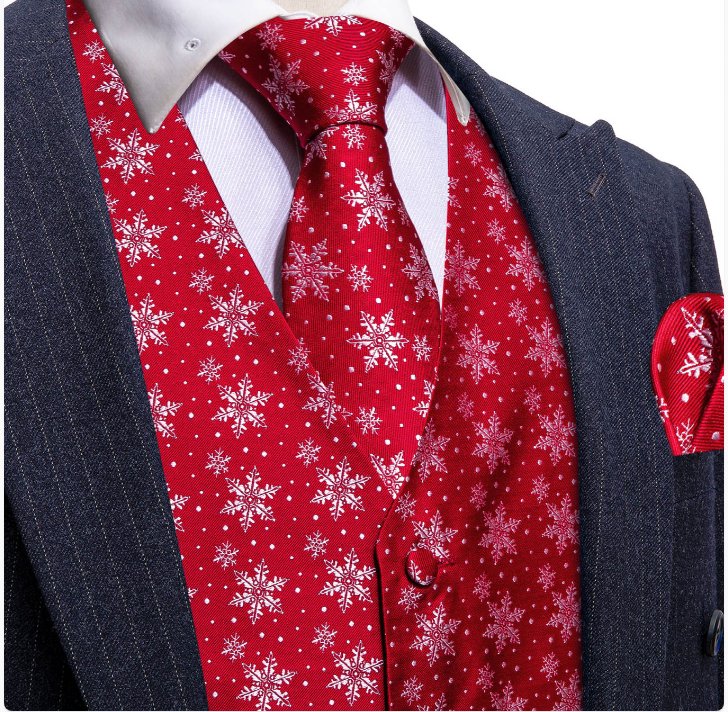 Christmas Men's Red White Snowflake Silk Tie Hanky Cufflinks Waistcoat Vest Set - MJ - 2576 - SimonVon Shop