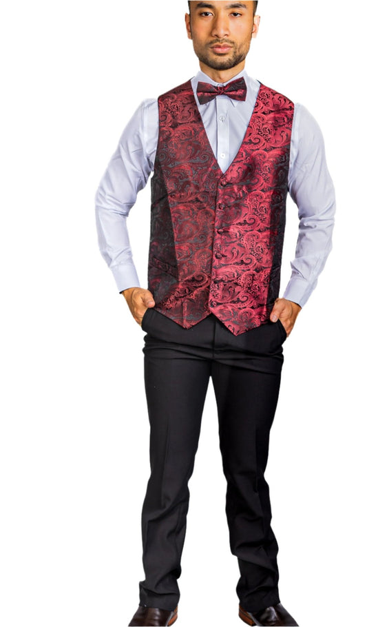 CLARET PAISLEY JACQUARD WAISTCOAT VEST BOWTIE HANDKERCHIEF CUFFLINKS SET - MJ - 0179 - SimonVon Shop