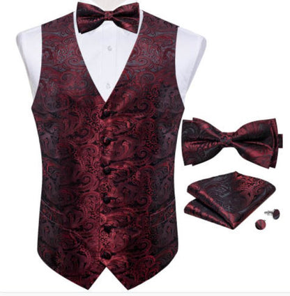 CLARET PAISLEY JACQUARD WAISTCOAT VEST BOWTIE HANDKERCHIEF CUFFLINKS SET - MJ - 0179 - SimonVon Shop