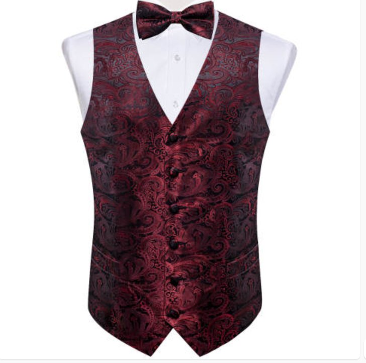 CLARET PAISLEY JACQUARD WAISTCOAT VEST BOWTIE HANDKERCHIEF CUFFLINKS SET - MJ - 0179 - SimonVon Shop