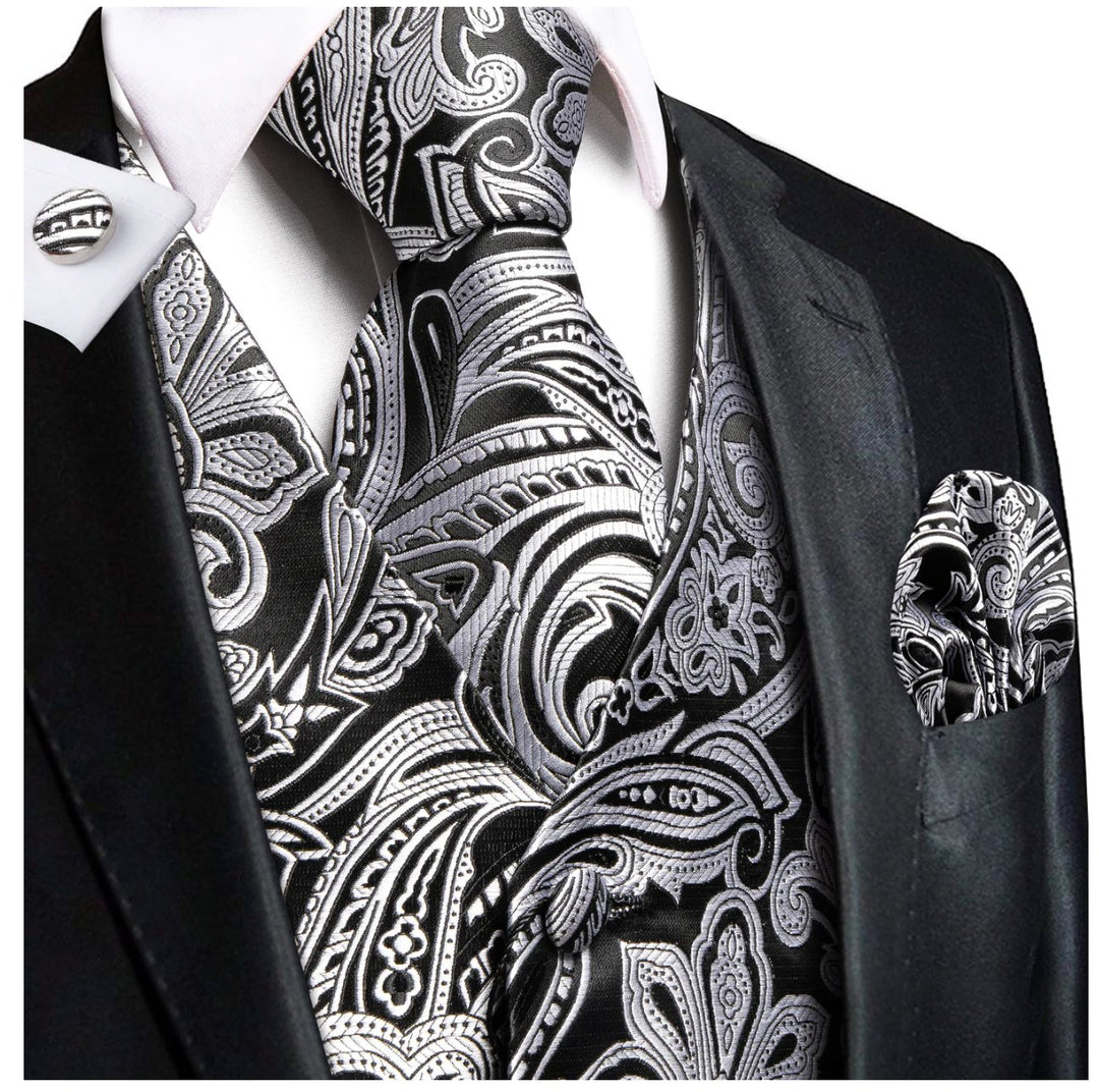 Classic Black Grey Paisley Silk Men's Vest Hanky Cufflinks Tie Set Waistcoat Suit Set - MJ - 3012 - SimonVon Shop