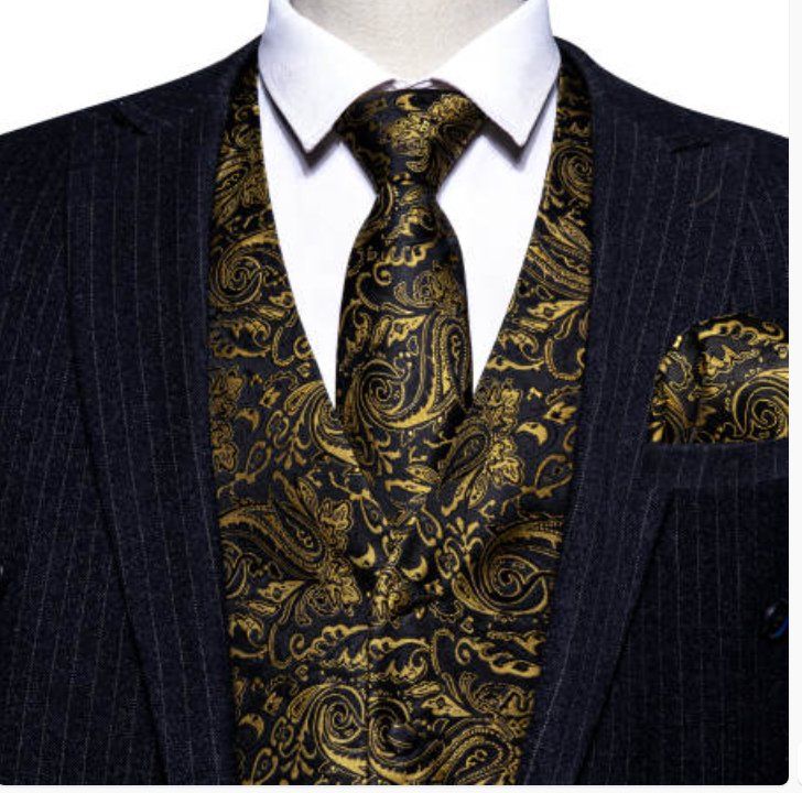 Classy Men's Black Golden Floral Silk Vest Necktie Pocket square Cufflinks- MJ-2085 - SimonVon Shop