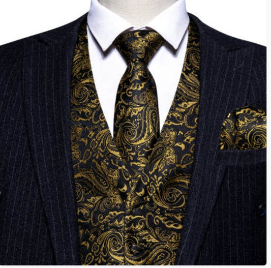 Classy Men's Black Golden Floral Silk Vest Necktie Pocket square Cufflinks - MJ - 2085 - SimonVon Shop