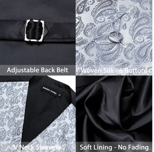 Classy Men's Grey Silver Paisley Silk Vest Necktie Pocket square Cufflinks. MJ - 2019 - SimonVon Shop