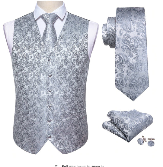 Classy Men's Grey Silver Paisley Silk Vest Necktie Pocket square Cufflinks. MJ - 2019 - SimonVon Shop