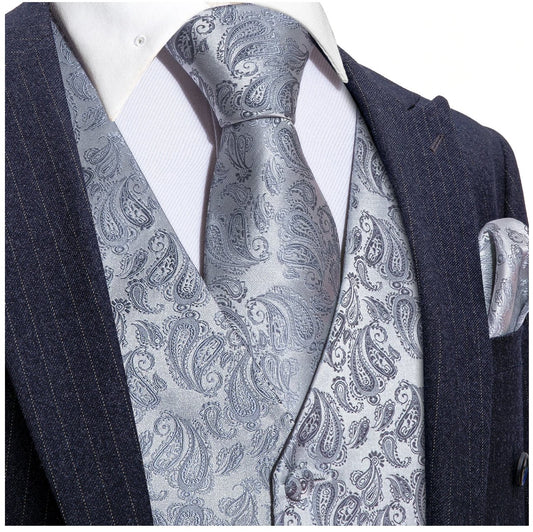 Classy Men's Grey Silver Paisley Silk Vest Necktie Pocket square Cufflinks. MJ - 2019 - SimonVon Shop