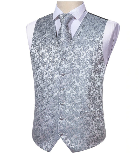 Classy Men's Grey Silver Paisley Silk Vest Necktie Pocket square Cufflinks. MJ - 2019 - SimonVon Shop