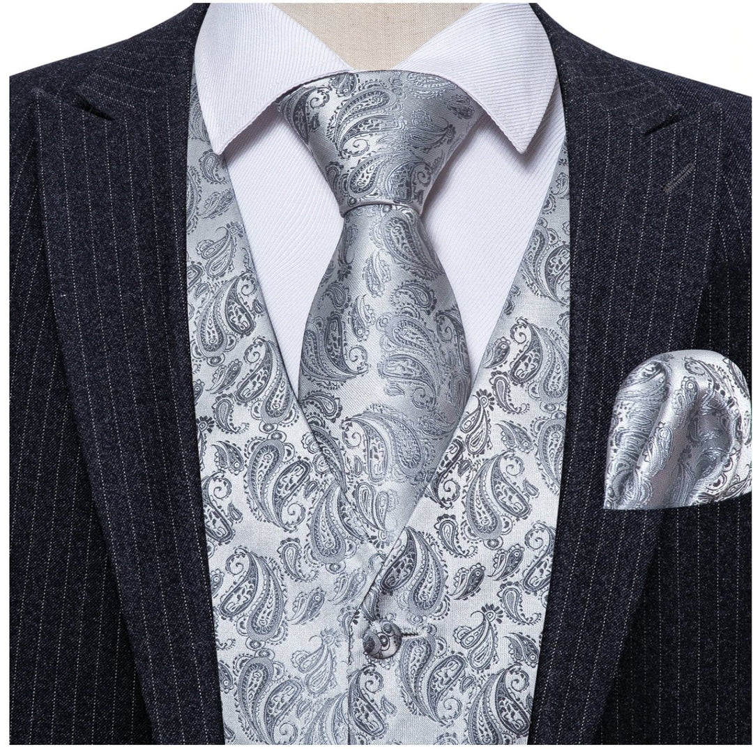 Classy Men's Grey Silver Paisley Silk Vest Necktie Pocket square Cufflinks. MJ - 2019 - SimonVon Shop