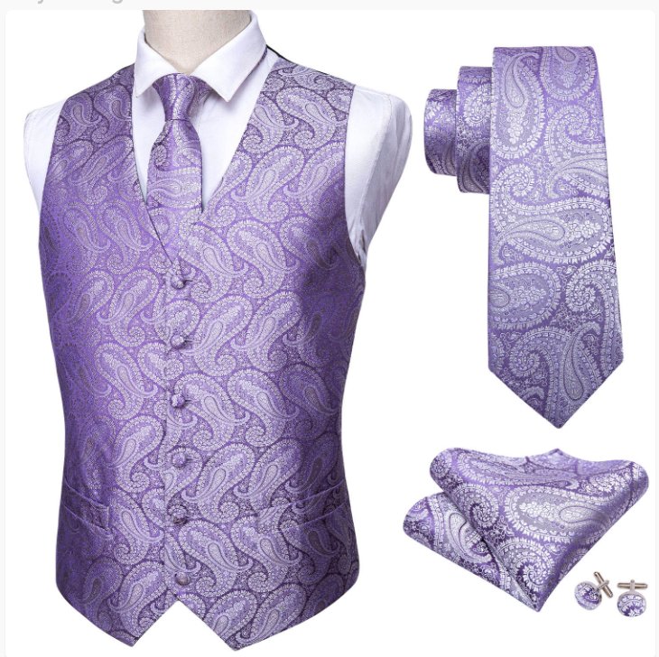 Classy Men's Light Purple Paisley Silk Vest Necktie Pocket square Cufflinks - MJ - 2041 - SimonVon Shop