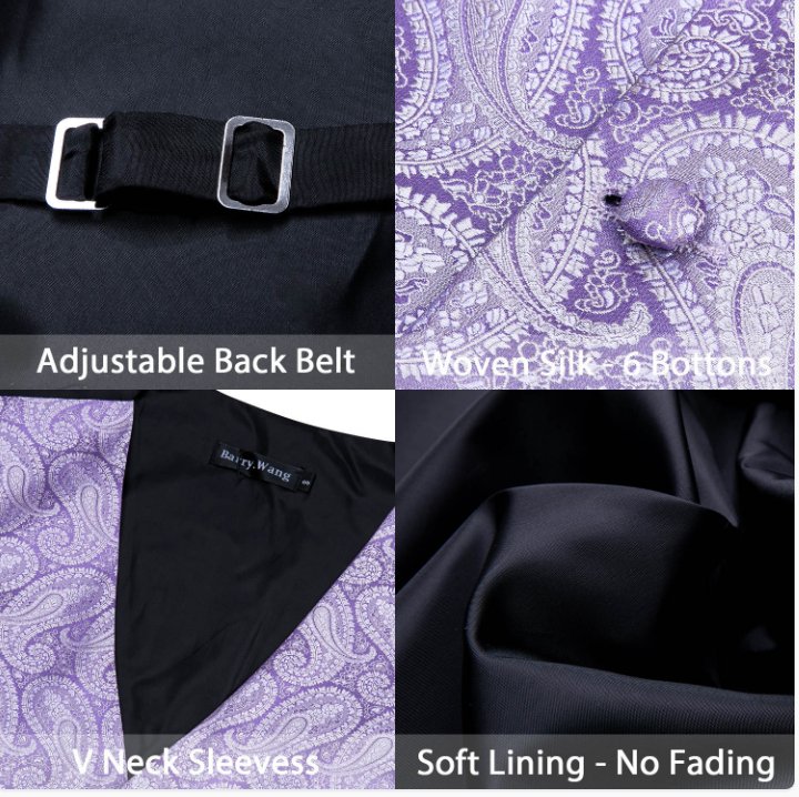 Classy Men's Light Purple Paisley Silk Vest Necktie Pocket square Cufflinks - MJ - 2041 - SimonVon Shop