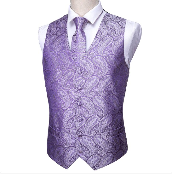 Classy Men's Light Purple Paisley Silk Vest Necktie Pocket square Cufflinks - MJ - 2041 - SimonVon Shop