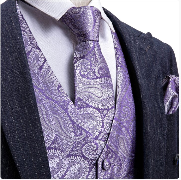 Classy Men's Light Purple Paisley Silk Vest Necktie Pocket square Cufflinks - MJ - 2041 - SimonVon Shop