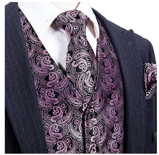 Classy Men's Pink Black Paisley Silk Vest Necktie Pocket square Cufflinks - MJ - 2501 - SimonVon Shop