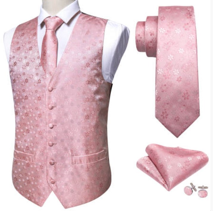 Classy Men's Pink Floral Silk Vest Necktie Pocket square Cufflinks - MJ - 2088 - SimonVon Shop