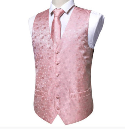 Classy Men's Pink Floral Silk Vest Necktie Pocket square Cufflinks - MJ - 2088 - SimonVon Shop