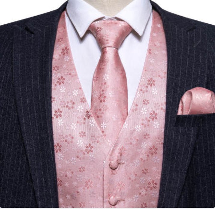 Classy Men's Pink Floral Silk Vest Necktie Pocket square Cufflinks - MJ - 2088 - SimonVon Shop