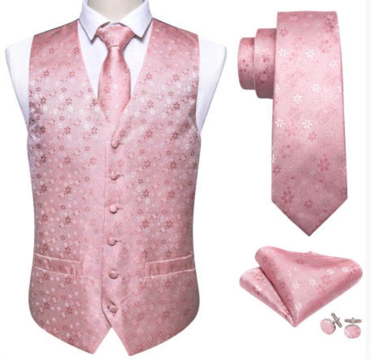 Classy Men's Pink Floral Silk Vest Necktie Pocket square Cufflinks - MJ - 2088 - SimonVon Shop