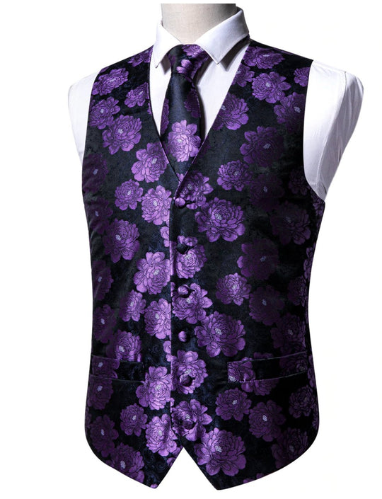 Classy Men's Purple Flower Silk Vest Necktie Pocket square Cufflinks Set.MJ - 2087 - SimonVon Shop