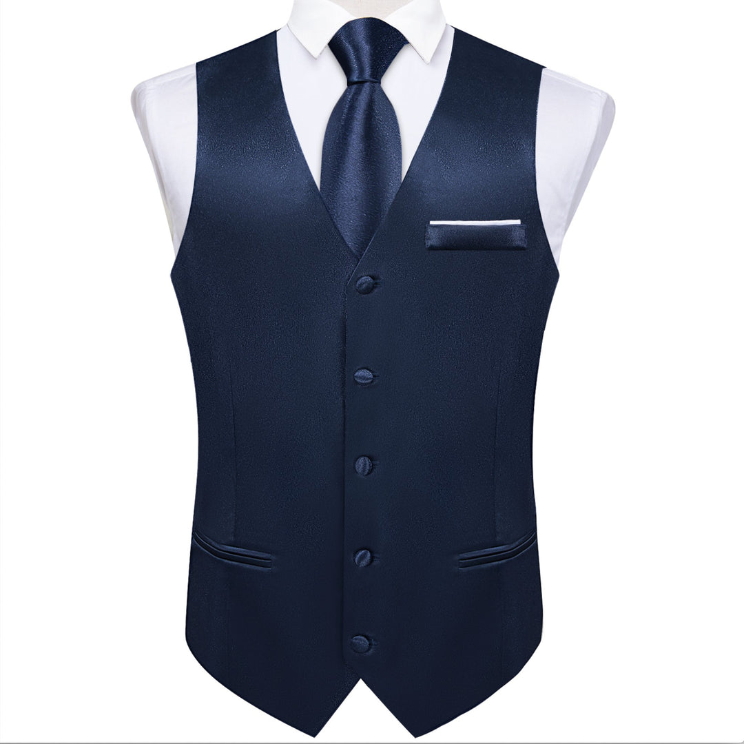 Dark Blue Solid Satin Waistcoat Vest Tie Handkerchief Cufflinks Set - MJ - 0638 - SimonVon Shop