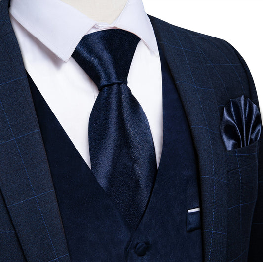 Dark Blue Solid Satin Waistcoat Vest Tie Handkerchief Cufflinks Set - MJ - 0638 - SimonVon Shop