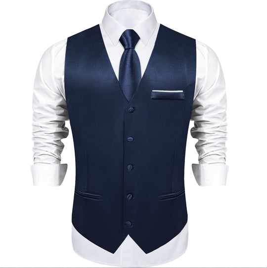 Dark Blue Solid Satin Waistcoat Vest Tie Handkerchief Cufflinks Set - MJ - 0638 - SimonVon Shop