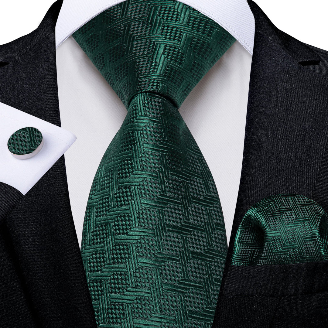 Dark Green Plaid Men's Tie Handkerchief Cufflinks Set - N - 8345 - SimonVon Shop