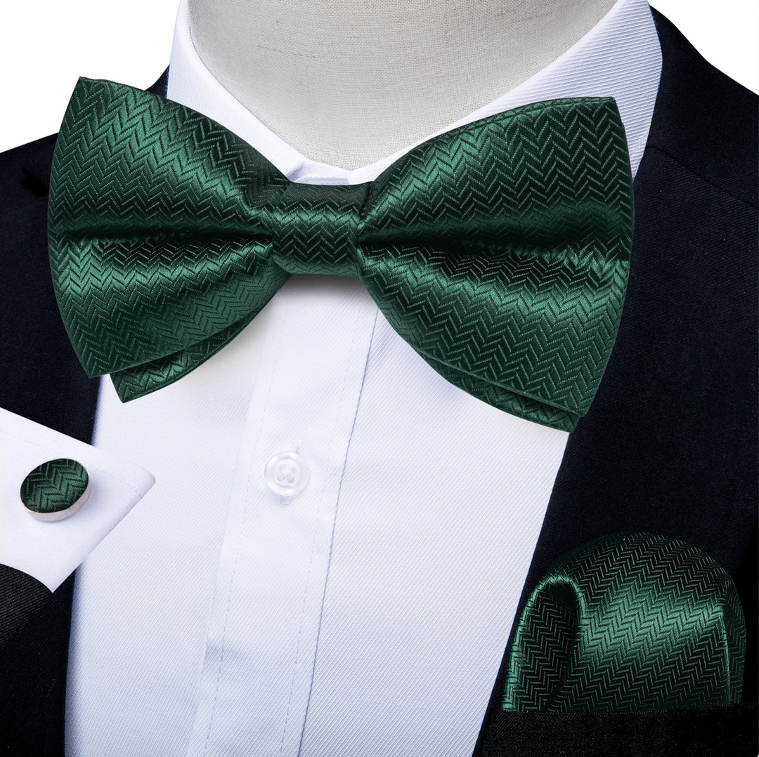 Dark Green Solid Pre - tied Bow Tie Hanky Cufflinks Set - LH - 0160 - SimonVon Shop