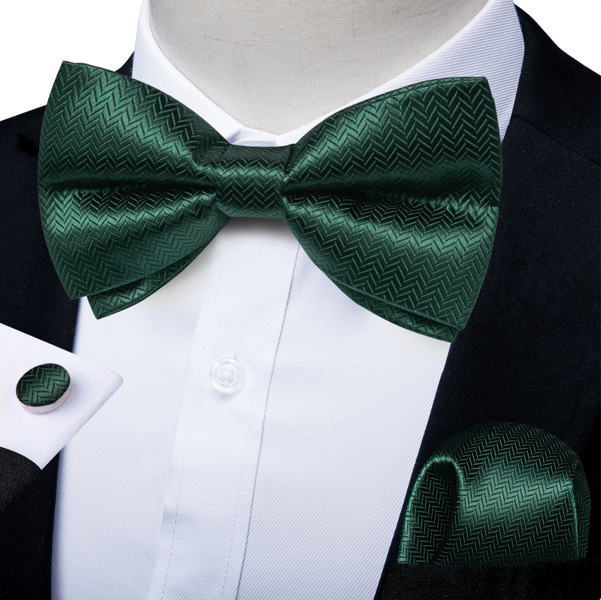 Dark Green Solid Pre-tied Bow Tie Hanky Cufflinks Set- LH-0160 - SimonVon Shop