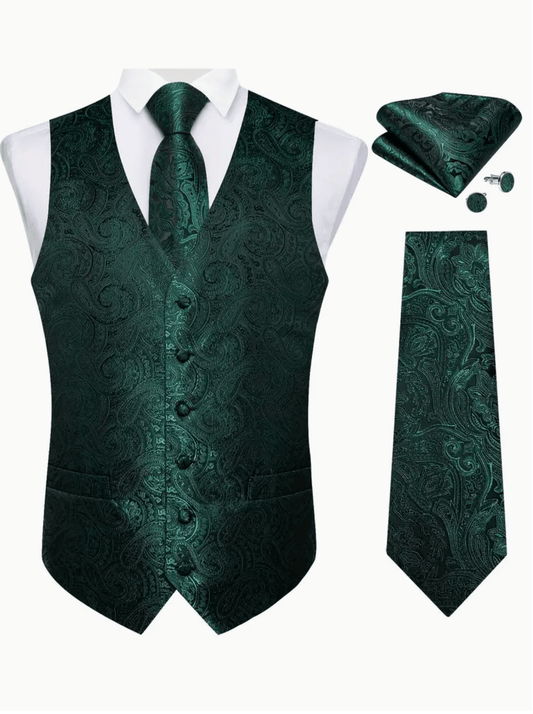 Dark Green Waistcoat Vest Necktie Handkerchief Cufflinks Set - MD - 043+ N - 8358 - SimonVon Shop