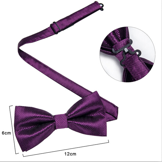 Dark Purple Striped Silk Self - tied Bow Tie Pocket Square Cufflinks Set - LH - 0158 - SimonVon Shop