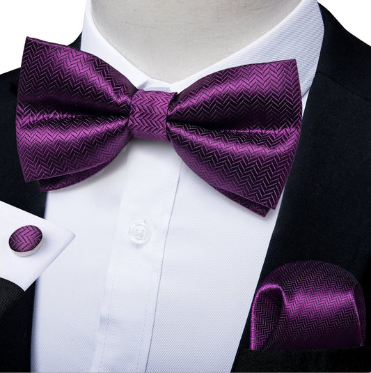 Dark Purple Striped Silk Self - tied Bow Tie Pocket Square Cufflinks Set - LH - 0158 - SimonVon Shop