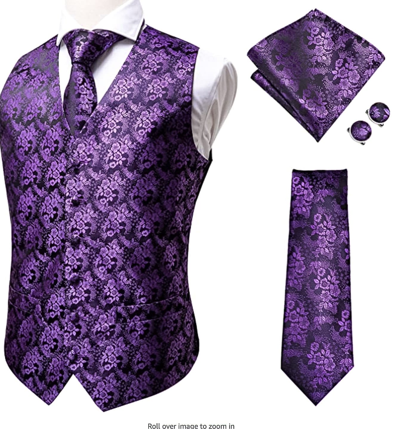 Dark Purple Waistcoat Vest, Necktie, Pocket Square, Cufflinks Set - MJ - 0015 - SimonVon Shop