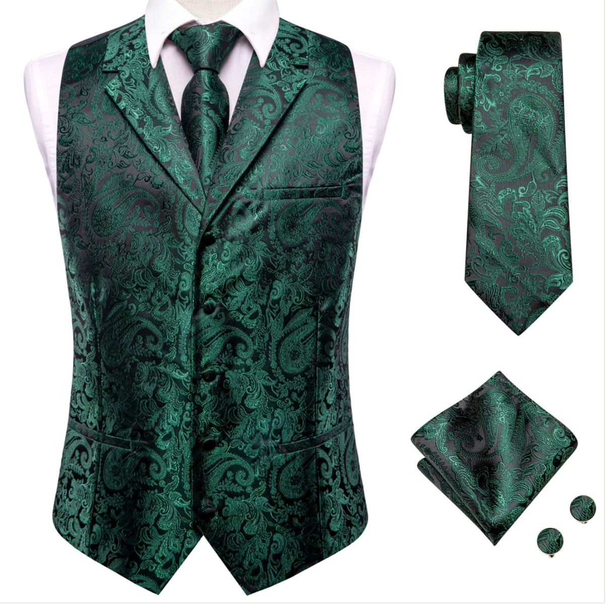 Emerald Green Paisley Silk Men's Collar Vest Hanky Cufflinks Tie Set Waistcoat Suit Set - MJ - 3102 - SimonVon Shop