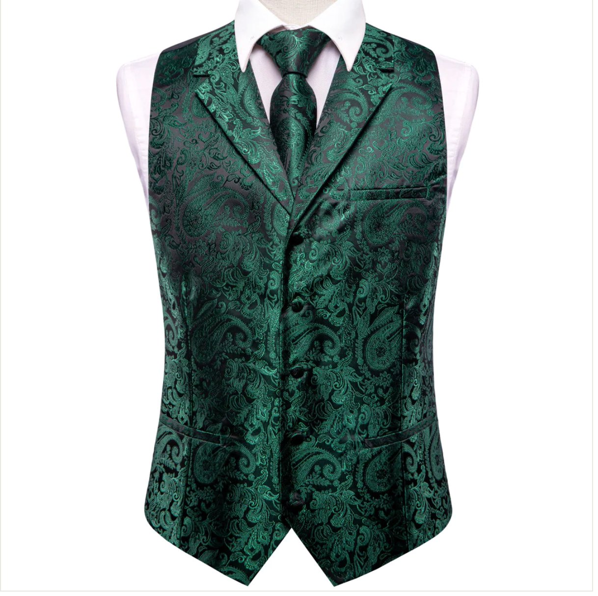 Emerald Green Paisley Silk Men's Collar Vest Hanky Cufflinks Tie Set Waistcoat Suit Set - MJ - 3102 - SimonVon Shop