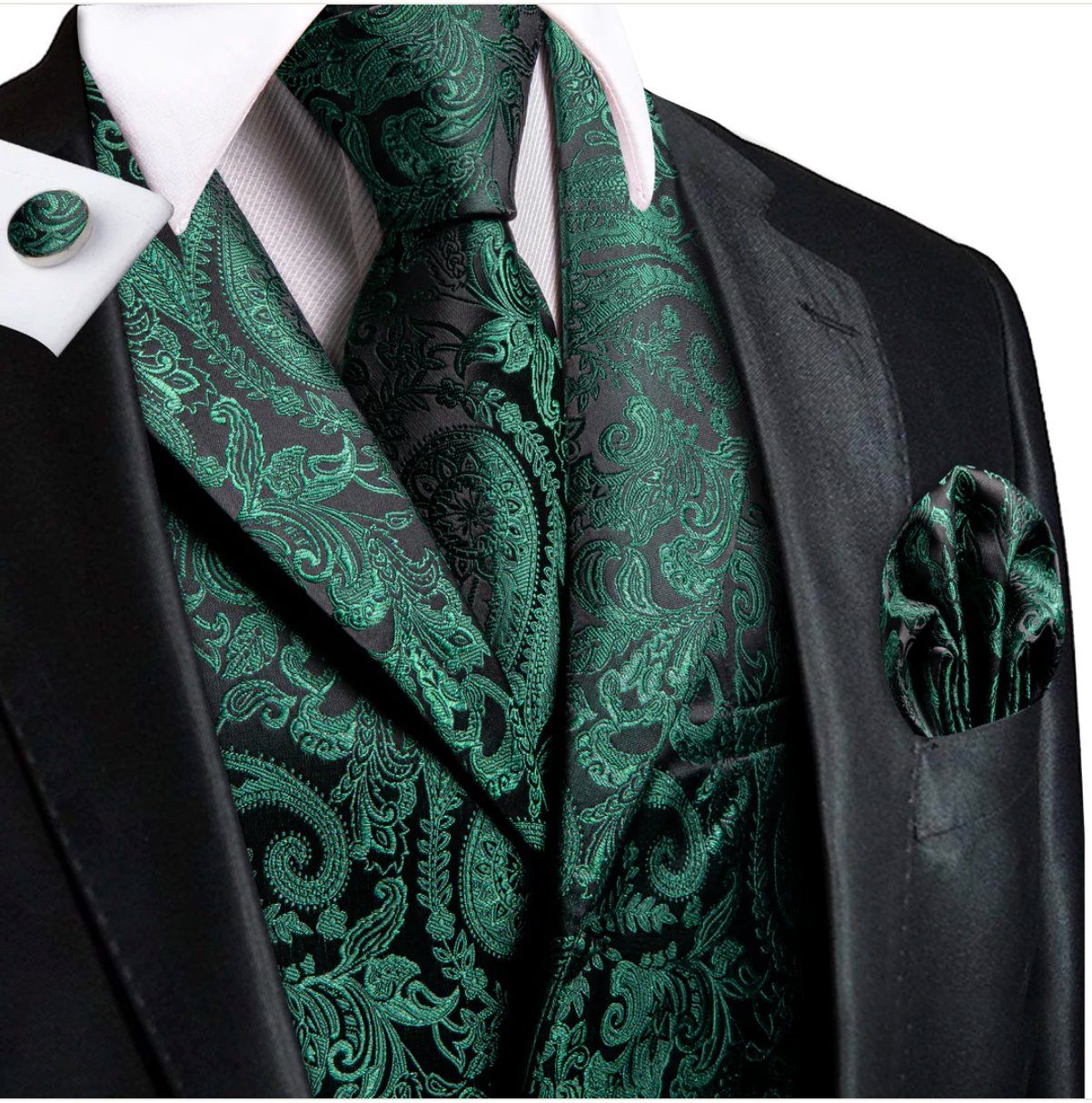 Emerald Green Paisley Silk Men's Collar Vest Hanky Cufflinks Tie Set Waistcoat Suit Set - MJ - 3102 - SimonVon Shop