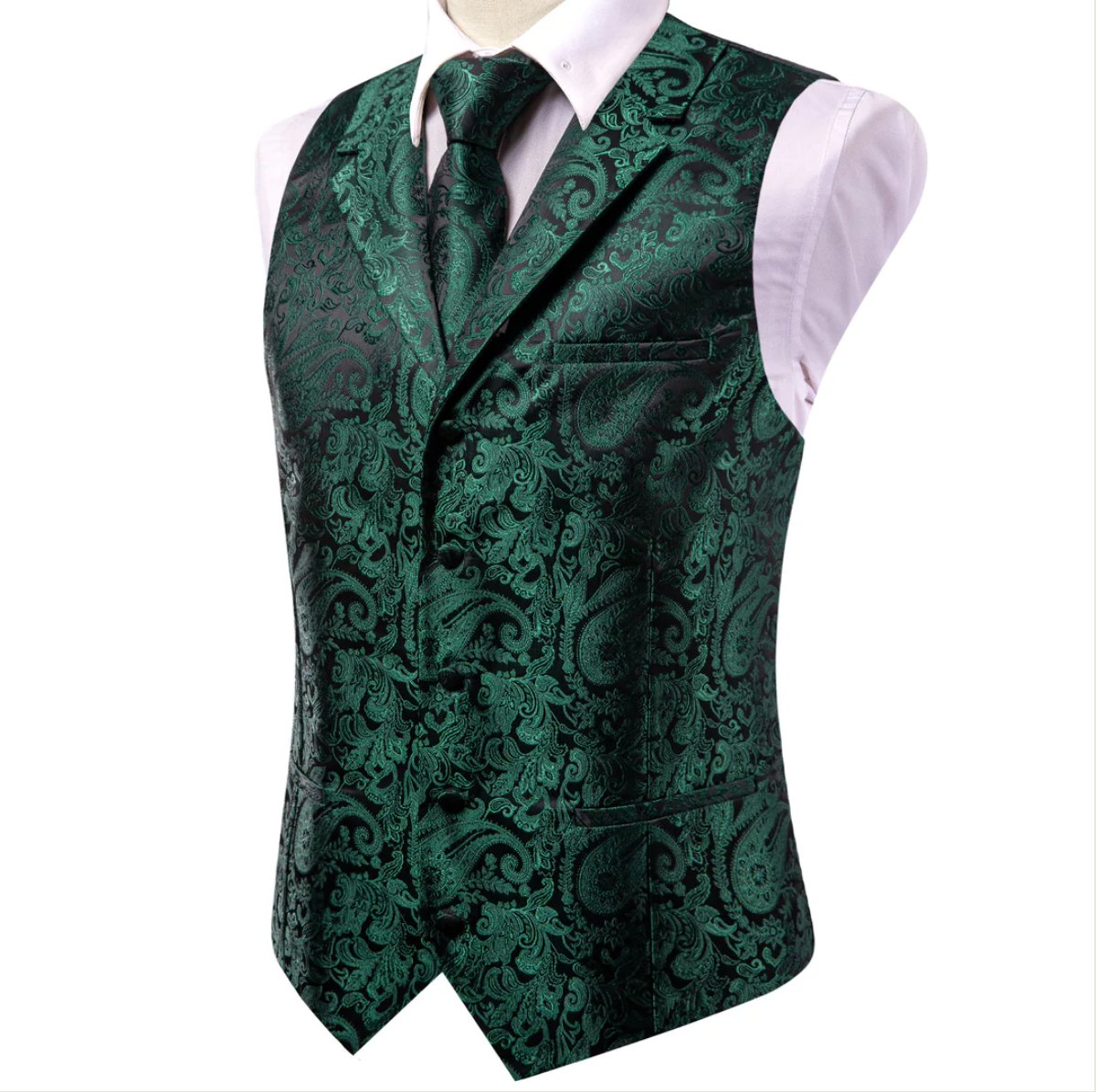 Emerald Green Paisley Silk Men's Collar Vest Hanky Cufflinks Tie Set Waistcoat Suit Set - MJ - 3102 - SimonVon Shop