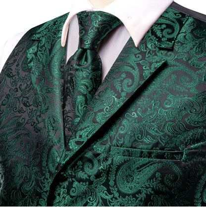 Emerald Green Paisley Silk Men's Collar Vest Hanky Cufflinks Tie Set Waistcoat Suit Set - MJ - 3102 - SimonVon Shop