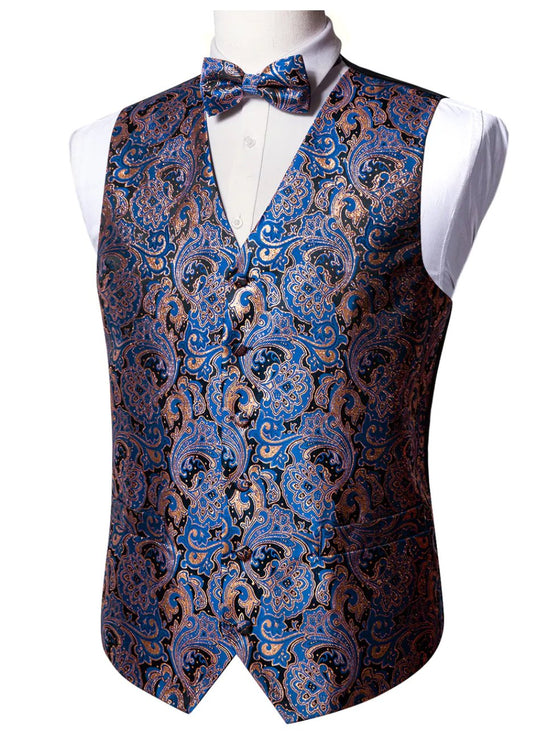 Fashion Men's Blue Paisley Silk Vest Bowtie Pocket square Cufflinks - MJ - 2503 - SimonVon Shop
