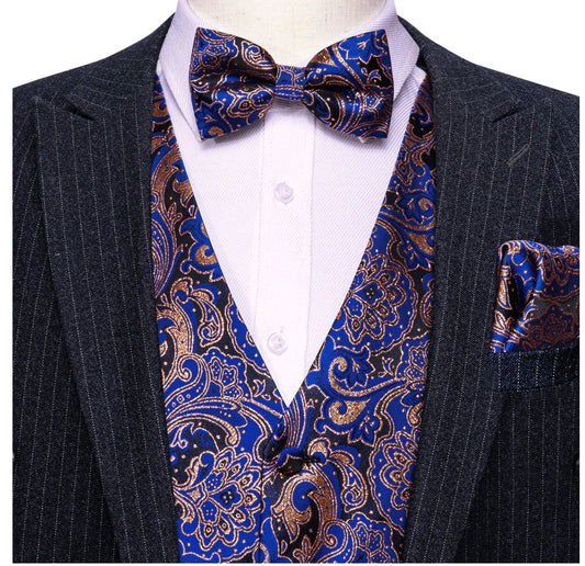 Fashion Men's Blue Paisley Silk Vest Bowtie Pocket square Cufflinks - MJ - 2503 - SimonVon Shop