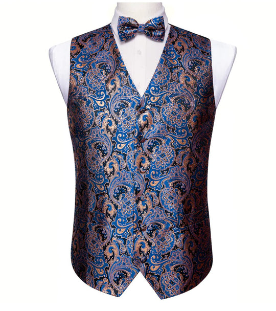 Fashion Men's Blue Paisley Silk Vest Bowtie Pocket square Cufflinks - MJ - 2503 - SimonVon Shop